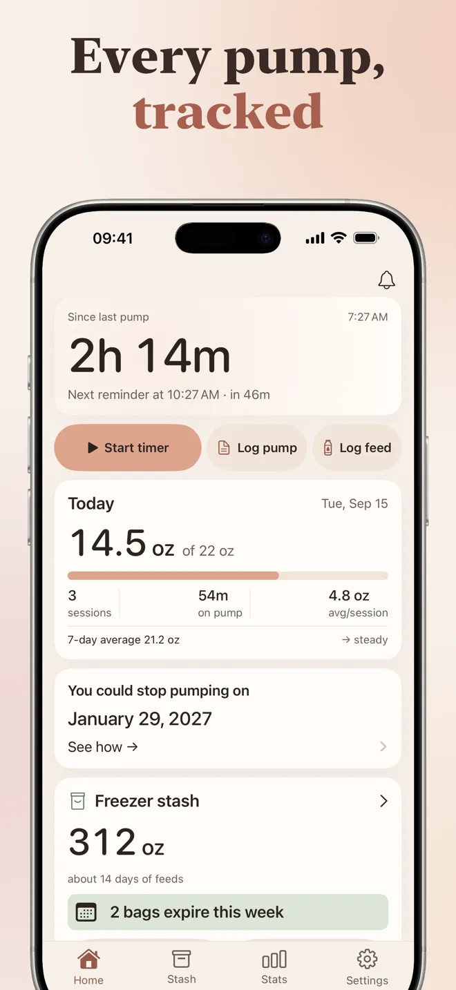 Every pump, tracked: Milkly home screen with time since last pump, today's total and stash
