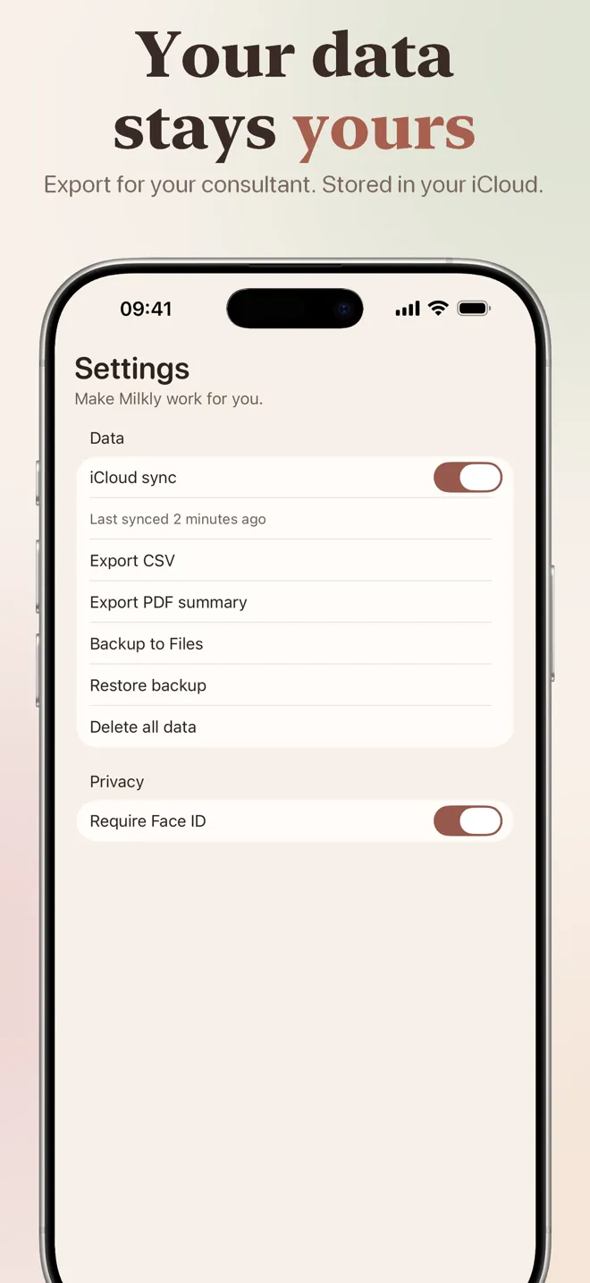 Your data stays yours: export for your consultant, stored in your iCloud